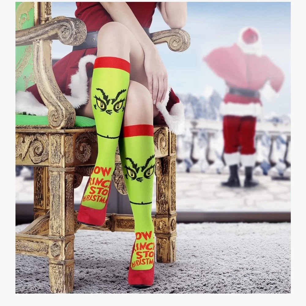 Grinch Christmas Themed Socks - Red and Green